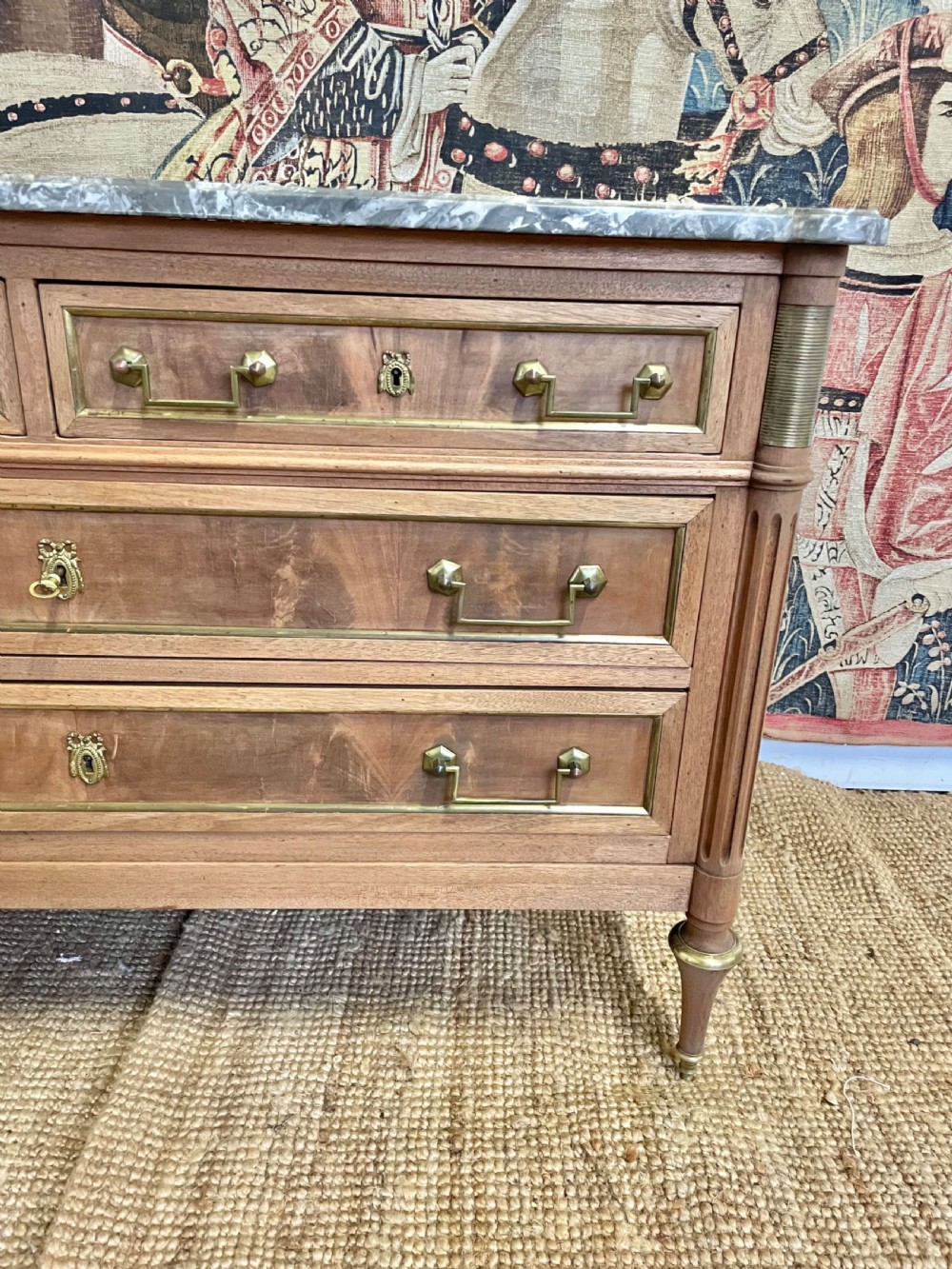 Louis XVI style raw mahogany marble topped commode View X