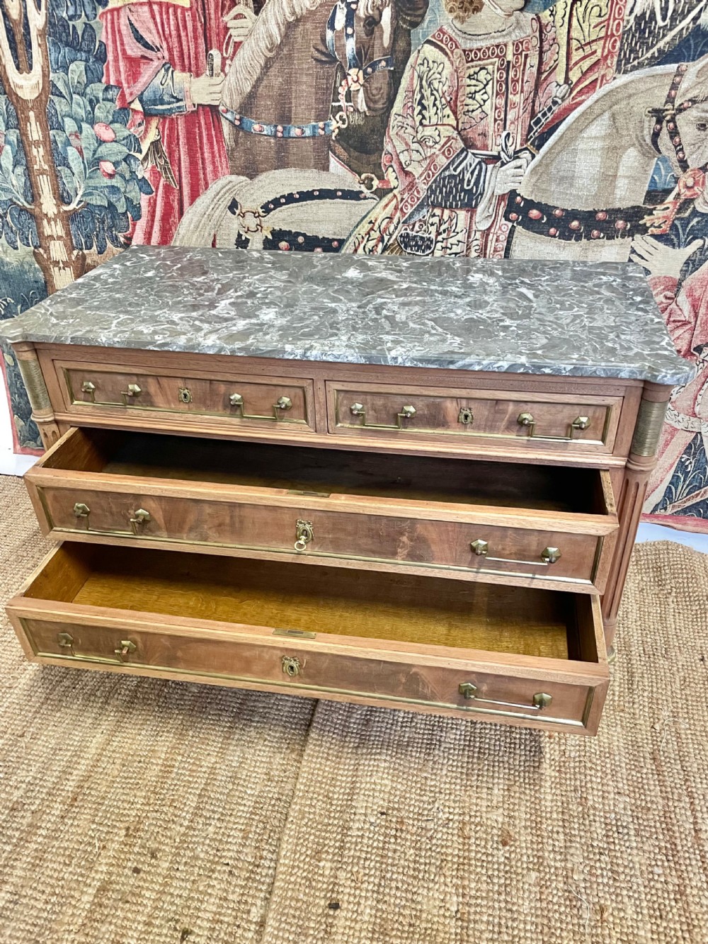 Louis XVI style raw mahogany marble topped commode View XI