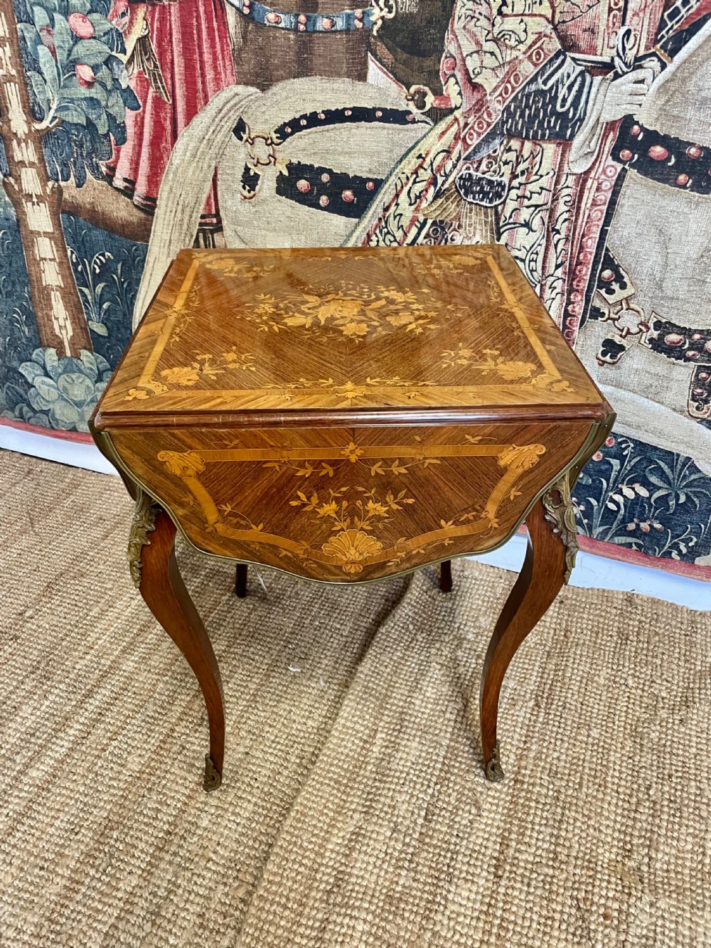 A square French Napoleon III rosewood side table featuring intricate floral marquetry inlay, cabriole legs, and brass mounts. View II