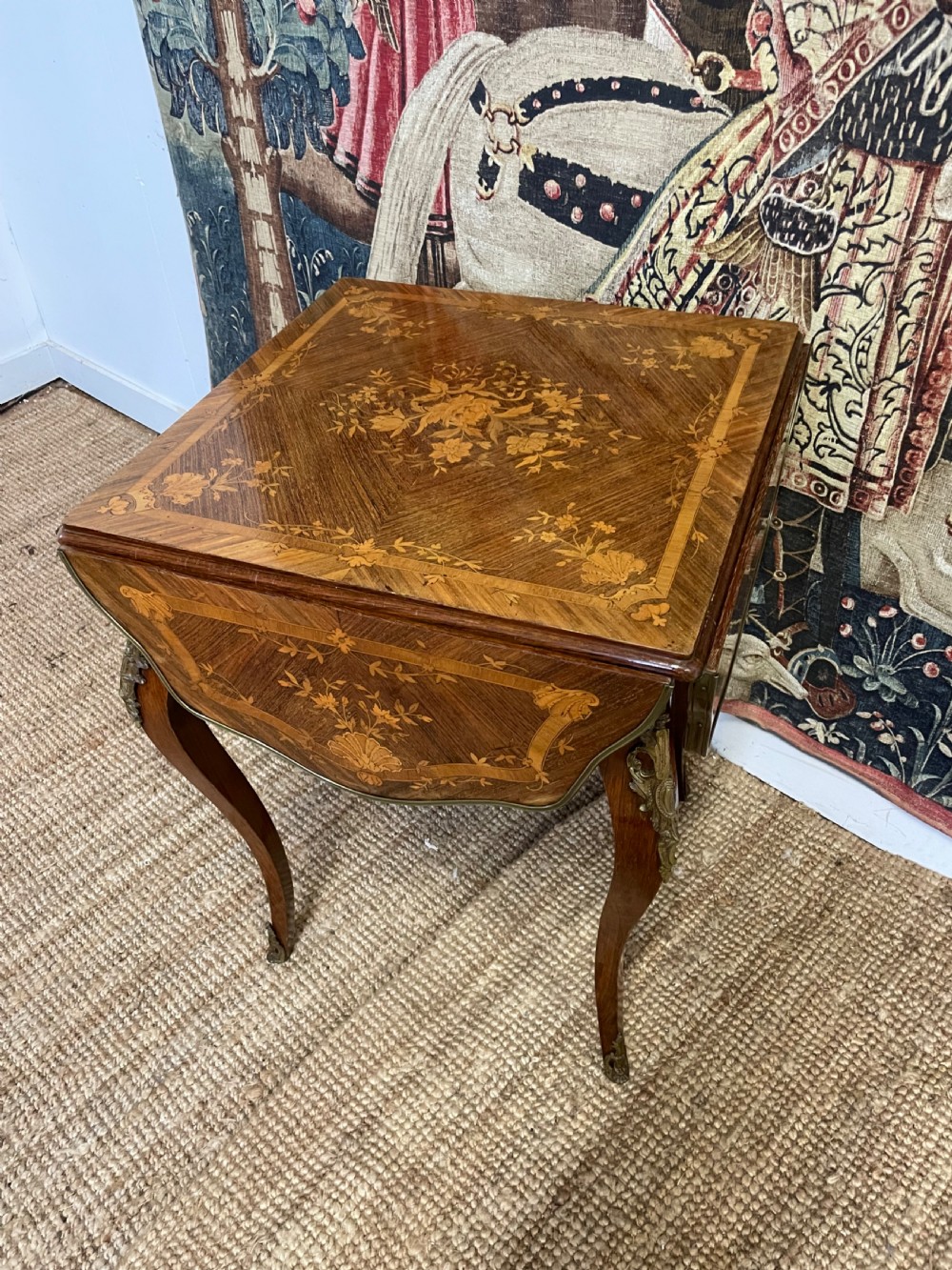 A square French Napoleon III rosewood side table featuring intricate floral marquetry inlay, cabriole legs, and brass mounts. View IV
