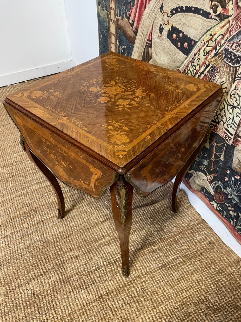 A square French Napoleon III rosewood side table featuring intricate floral marquetry inlay, cabriole legs, and brass mounts. View V