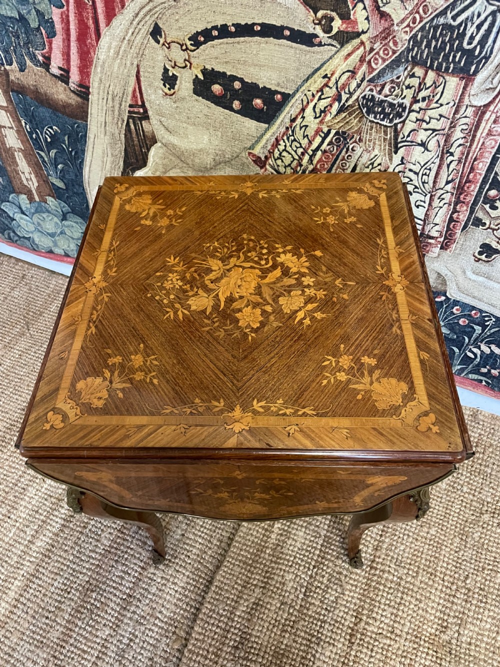 A square French Napoleon III rosewood side table featuring intricate floral marquetry inlay, cabriole legs, and brass mounts. View VI