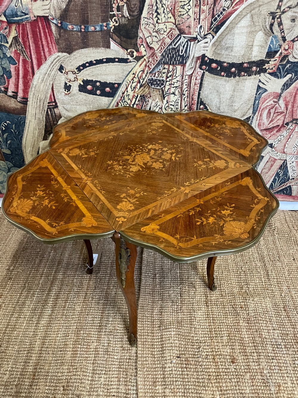 A square French Napoleon III rosewood side table featuring intricate floral marquetry inlay, cabriole legs, and brass mounts. View VII