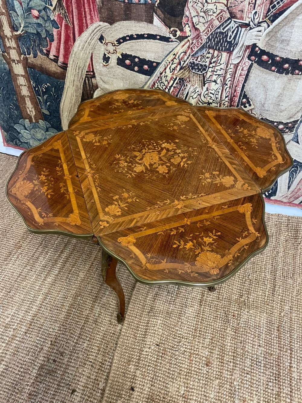 A square French Napoleon III rosewood side table featuring intricate floral marquetry inlay, cabriole legs, and brass mounts. View VIII