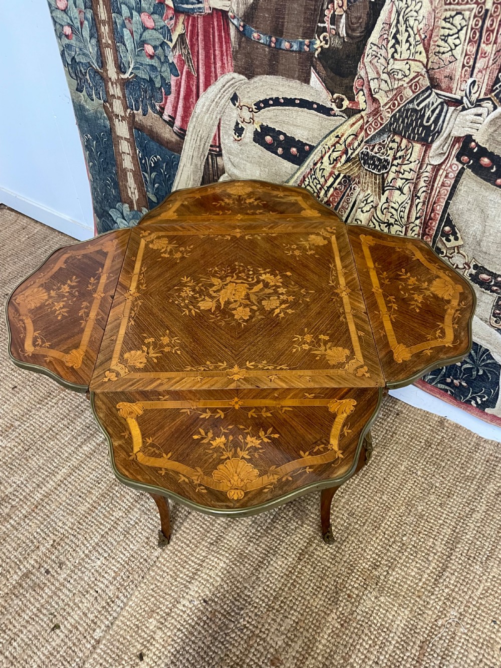 A square French Napoleon III rosewood side table featuring intricate floral marquetry inlay, cabriole legs, and brass mounts. View IX