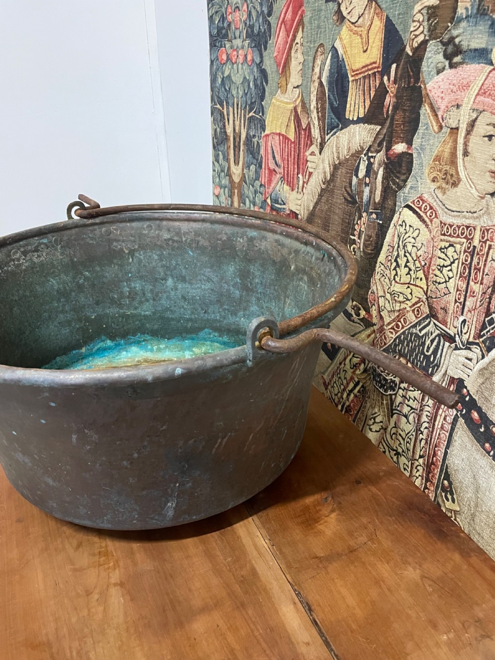 A large 19th-century copper log bin featuring wrought iron side handles and a verdigris green interior patina. View III