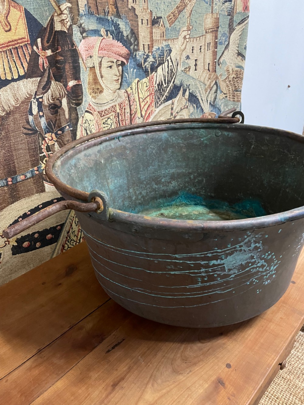 A large 19th-century copper log bin featuring wrought iron side handles and a verdigris green interior patina. View IV