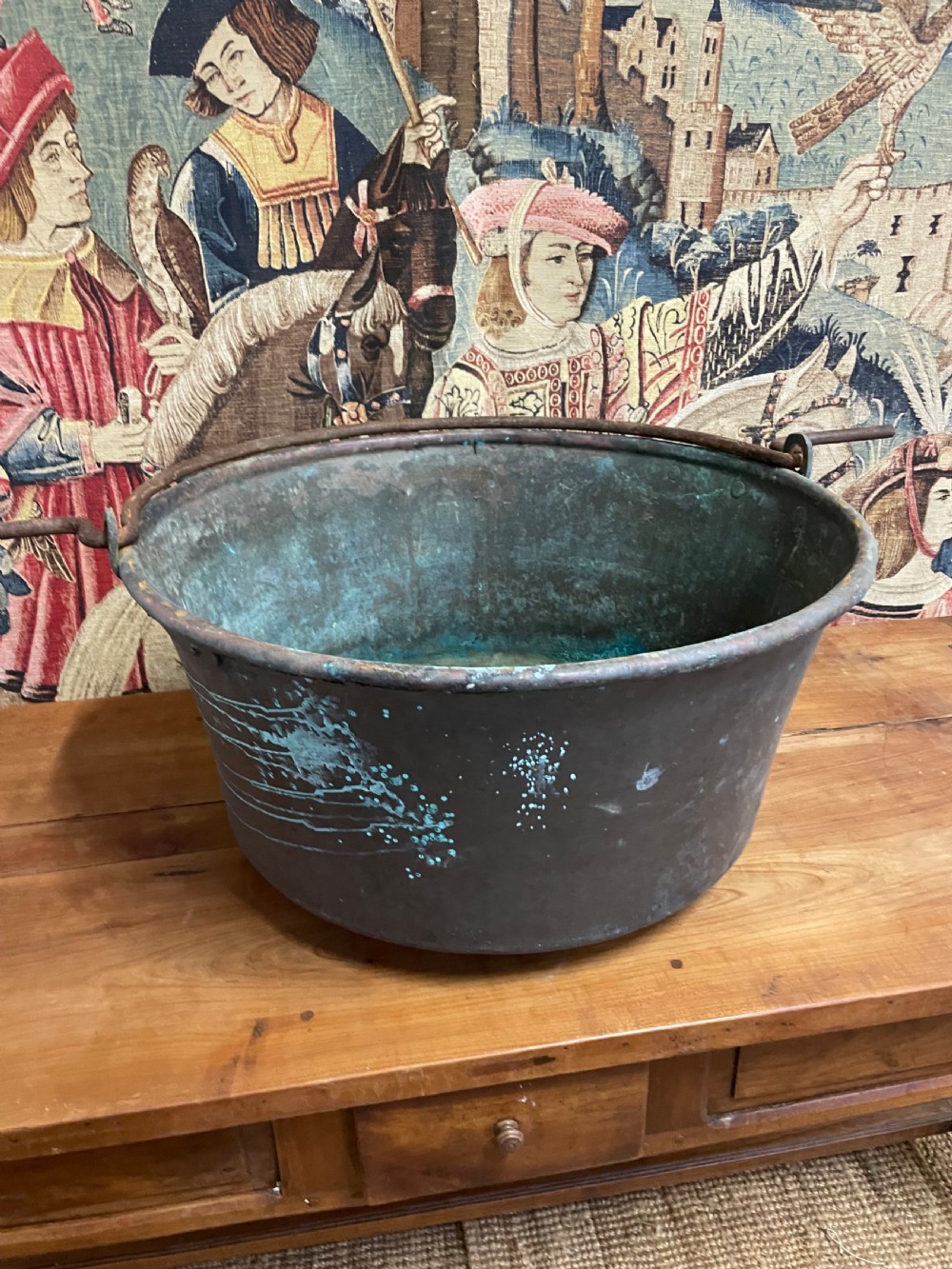 A large 19th-century copper log bin featuring wrought iron side handles and a verdigris green interior patina. View VI
