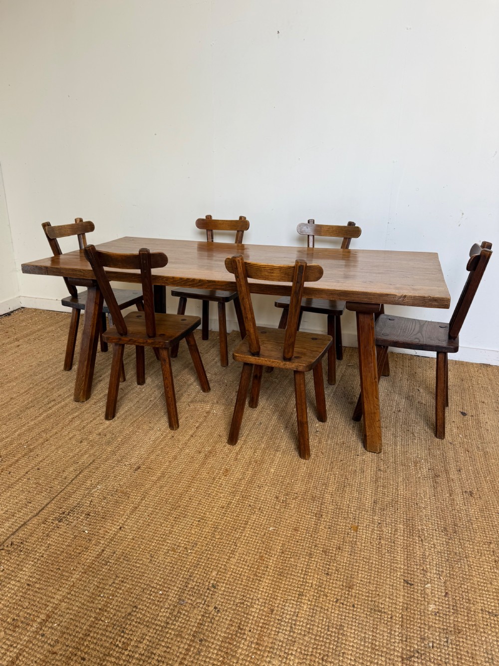 Oak farmhouse table 2m with 6 matching chairs View X