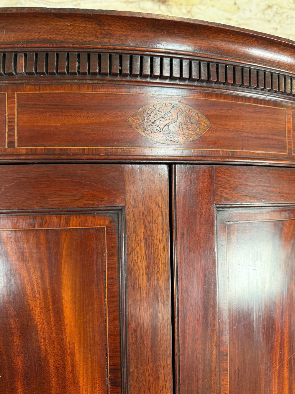 A Georgian mahogany bow-fronted corner cupboard featuring curved twin panelled doors, dentil moulding, and central marquetry inlay. View V