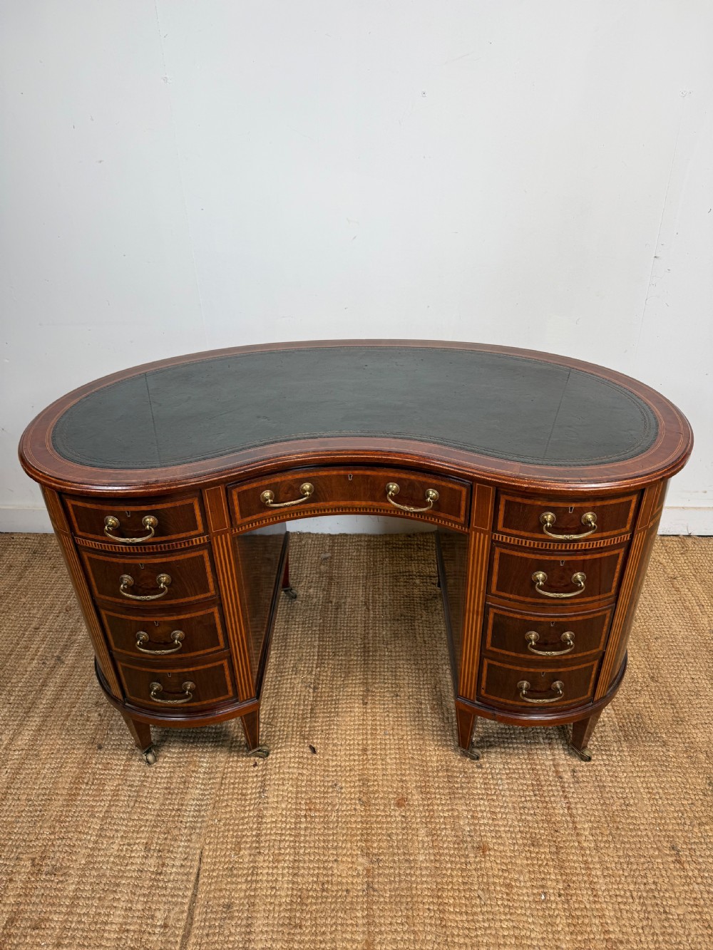 Edwardian kidney shaped writing desk / pedestal desk 