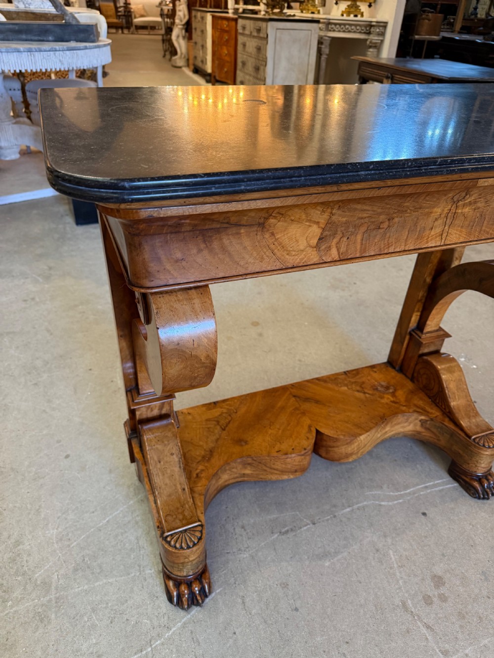 Late 19th Century French Louis Philippe Burr Walnut and Marble Topped Console Table View II