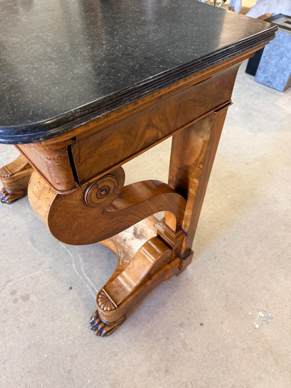 Late 19th Century French Louis Philippe Burr Walnut and Marble Topped Console Table View VIII
