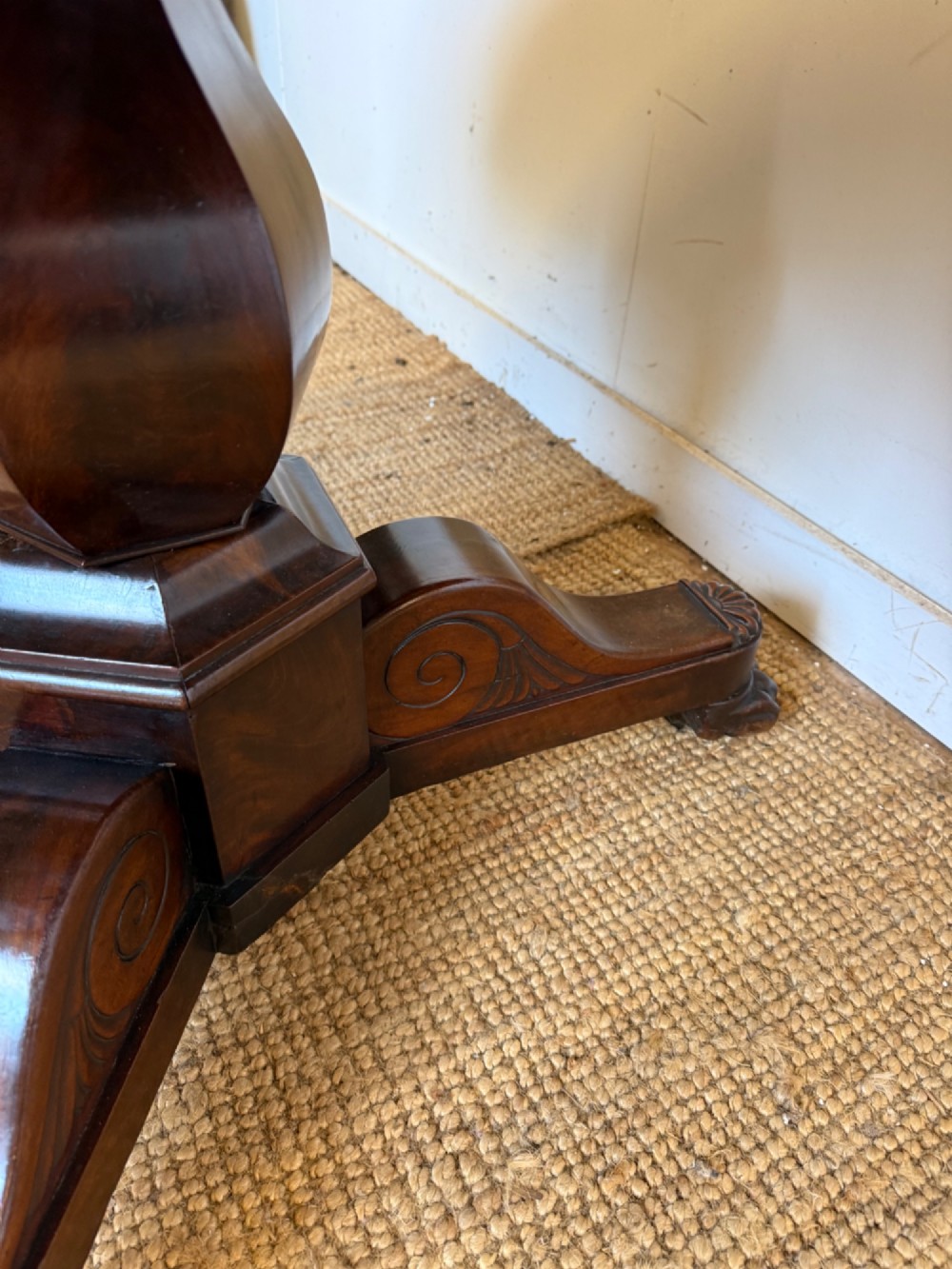 A 19th-century circular centre table featuring a white marble top set on a dark mahogany turned pedestal with a scroll-footed tripod base. View VIII