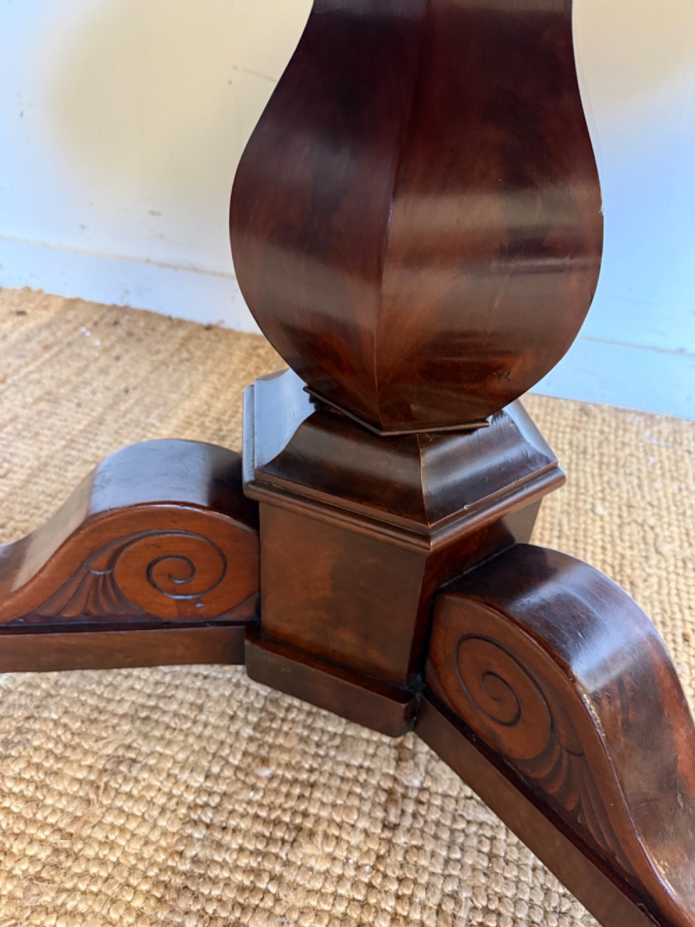A 19th-century circular centre table featuring a white marble top set on a dark mahogany turned pedestal with a scroll-footed tripod base. View IX