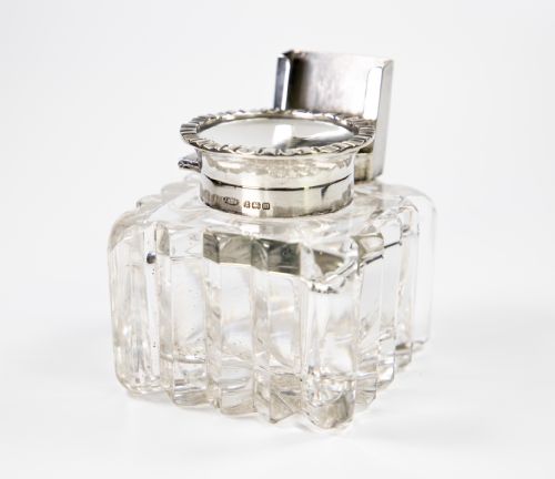 Large Silver & Cut Glass Inkwell with Silver Match Holder 1911
