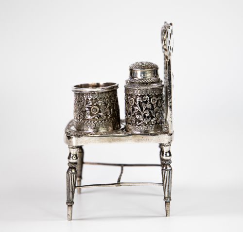 fig 1. Anglo Indian Colonial Silver Condiment Set Of Chair Kutch 1910 412 gms