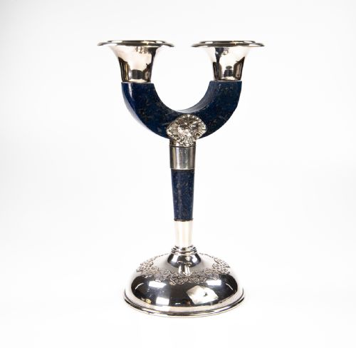 Rare Vintage Lapis Lazuli & Silver Candelabra Italian 1960’S Retro Superb