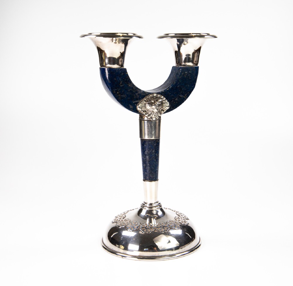Rare Vintage Lapis Lazuli & Silver Candelabra Italian 1960’s Retro Superb