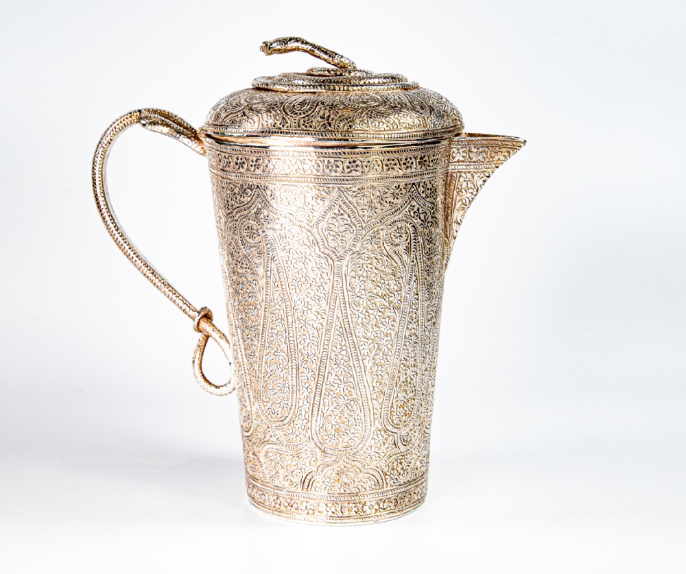 Antique Indian Kashmir Silver Jug Cobra Lid Srinagar 1895 Heavy