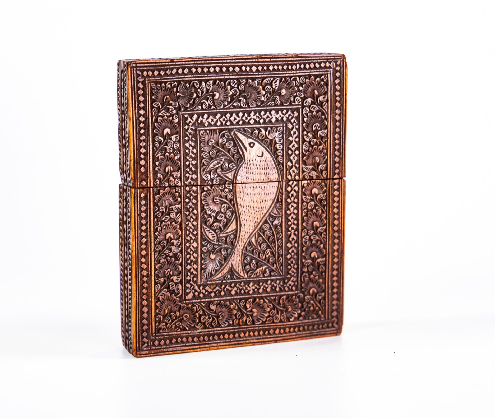 Antique Anglo Indian Mogul Carved Sandalwood Card Case 1840