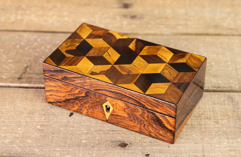 Victorian Perspective Cube Inlaid Box 1860
