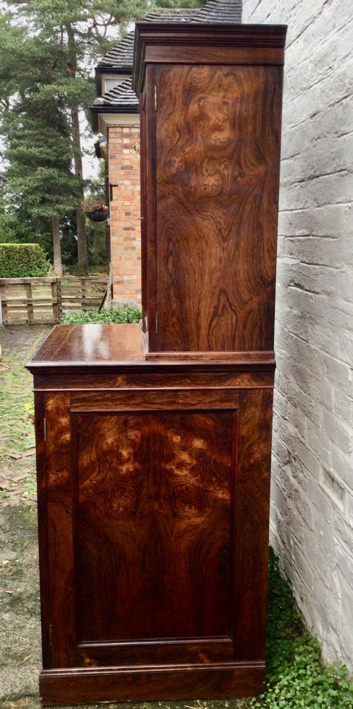 A tall two-tier dark rosewood cabinet with fielded panel doors, a moulded top cornice, and visible wood graining. View VII