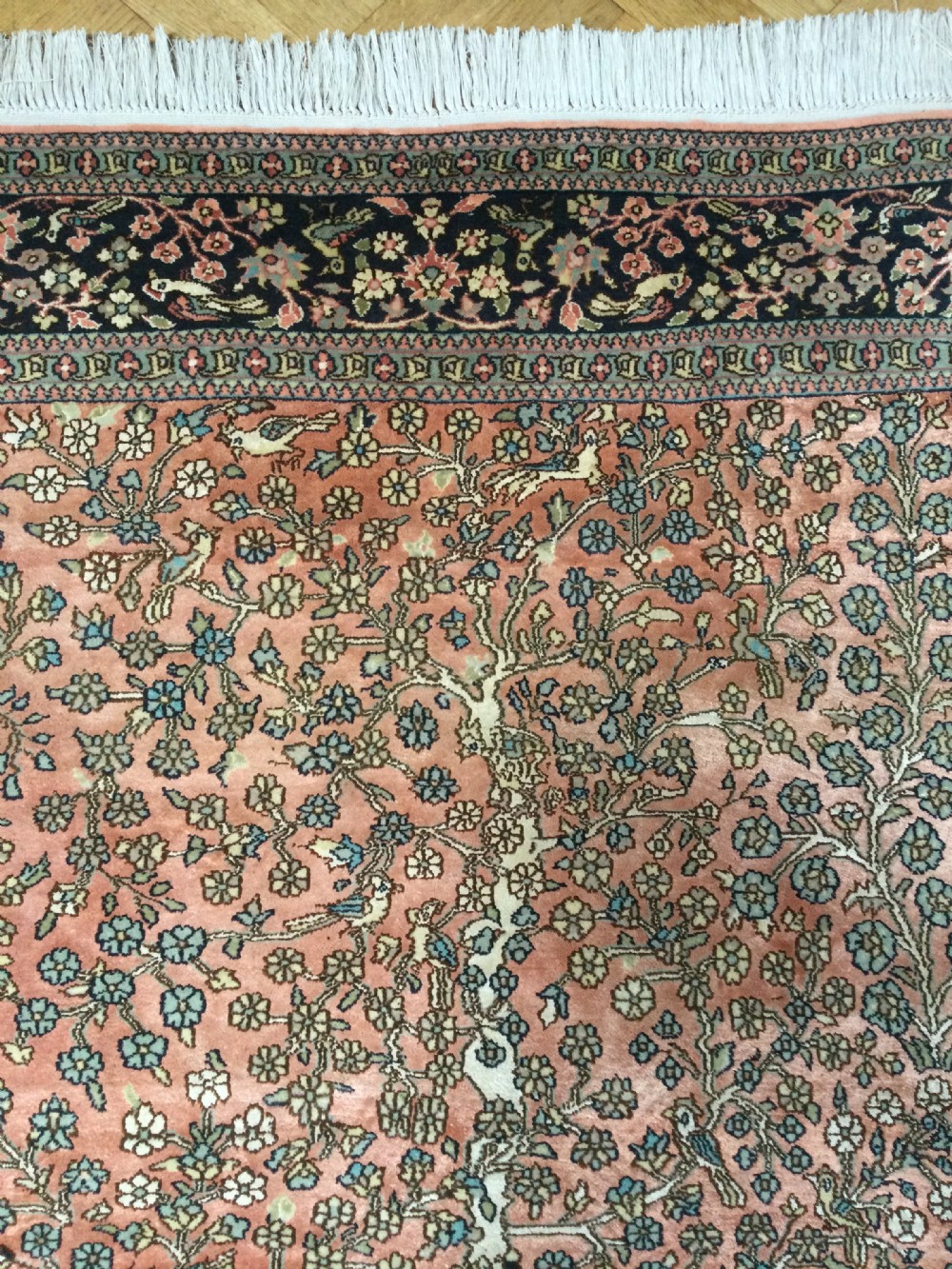 A rectangular hand-knotted Persian rug featuring a central terracotta field filled with a detailed Tree of Life and bird pattern framed by a dark navy floral border. View V