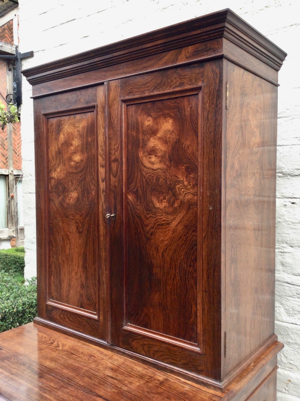 A tall two-tier dark rosewood cabinet with fielded panel doors, a moulded top cornice, and visible wood graining. View VI