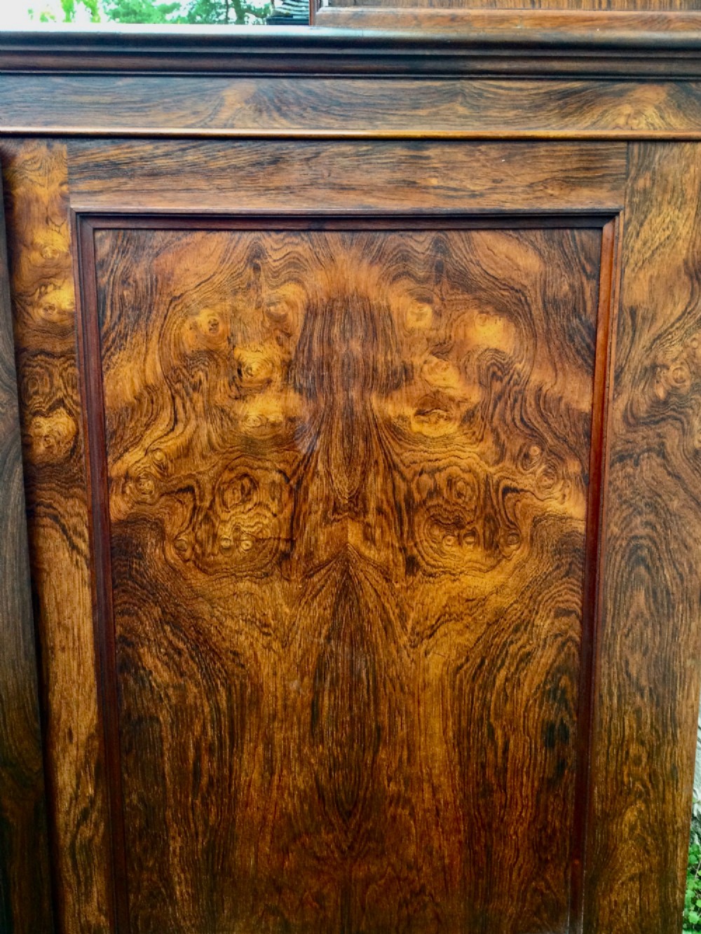 A tall two-tier dark rosewood cabinet with fielded panel doors, a moulded top cornice, and visible wood graining. View XI