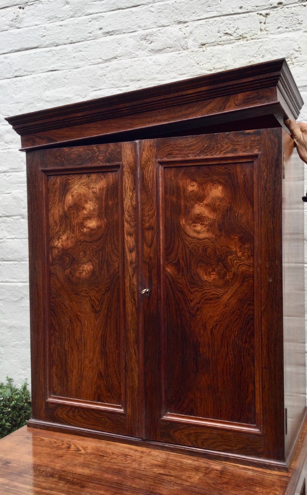 A tall two-tier dark rosewood cabinet with fielded panel doors, a moulded top cornice, and visible wood graining. View XII