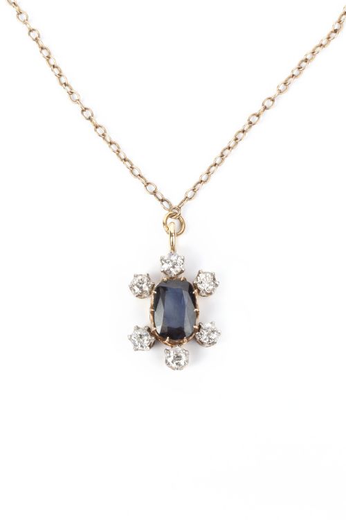 a natural unheated sapphire and old cut 06ct diamond pendant - CATEGORY: ANTIQUE JEWELLERY - DATED EDWARDIAN