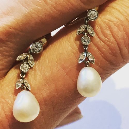 old cut diamond and natural pearl earrings 14ct gold - CATEGORY: ANTIQUE JEWELLERY - DATED EDWARDIAN