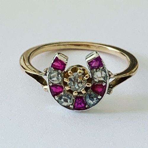 antique ruby and diamond victorian horseshoe ring 18k - CATEGORY: ANTIQUE JEWELLERY - DATED VICTORIAN