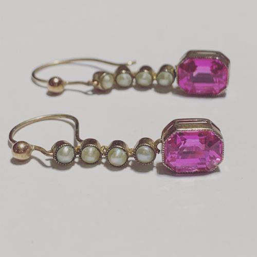 edwardian synthetic ruby and pearl 15ct earrings - CATEGORY: ANTIQUE JEWELLERY - DATED EDWARDIAN