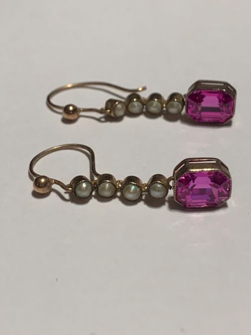 EDWARDIAN SYNTHETIC RUBY AND PEARL 15CT EARRINGS - ADDITIONAL PHOTO 1