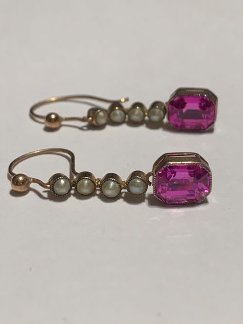 EDWARDIAN SYNTHETIC RUBY AND PEARL 15CT EARRINGS - ADDITIONAL PHOTO 2