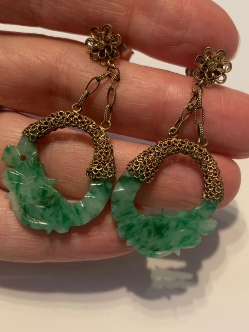 1940s jade silver gilt earrings - CATEGORY: ANTIQUE JEWELLERY - DATED 1940