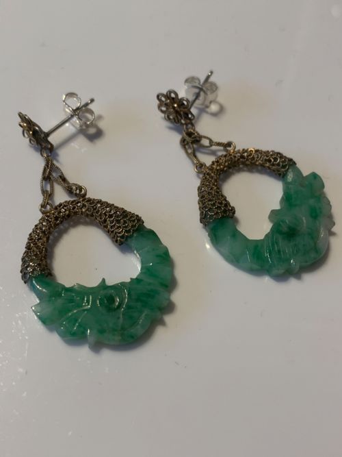 1940S JADE SILVER GILT EARRINGS - ADDITIONAL PHOTO 1