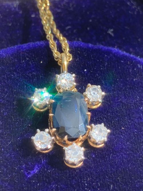 A NATURAL UNHEATED SAPPHIRE AND OLD CUT 06CT DIAMOND PENDANT - ADDITIONAL PHOTO 5
