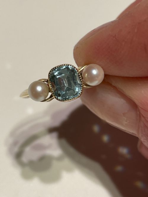 AQUAMARINE AND PEARL EDWARDIAN RING - ADDITIONAL PHOTO 1