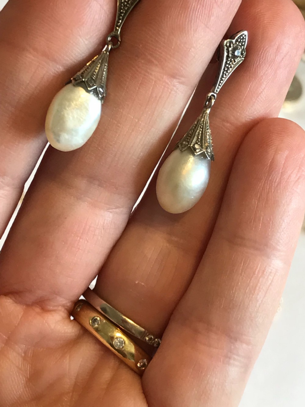 Edwardian Natural Pearl an Diamond Earrings View II