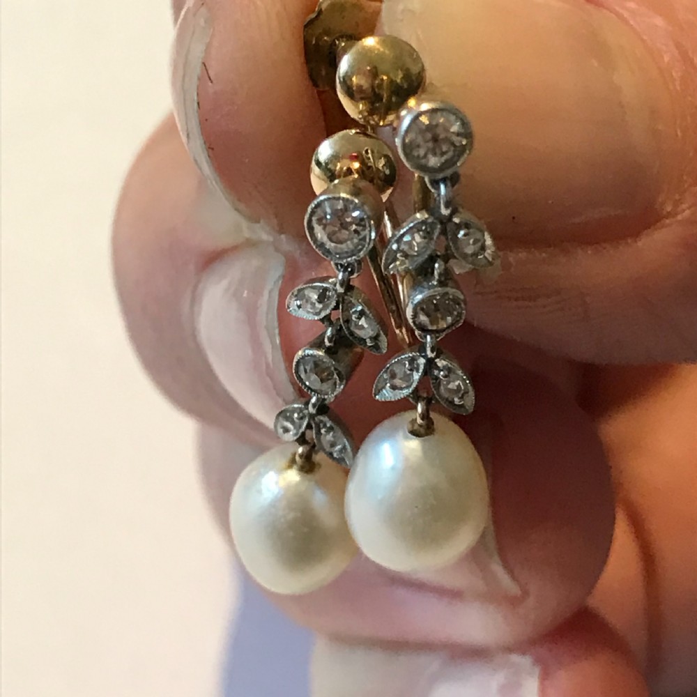 Old Cut Diamond and Natural Pearl Earrings 14ct Gold View II