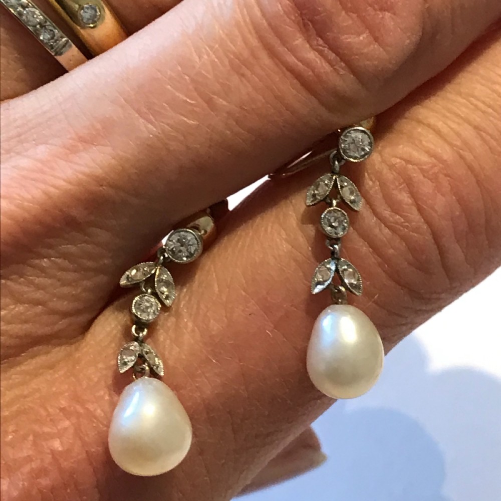 Old Cut Diamond and Natural Pearl Earrings 14ct Gold View III