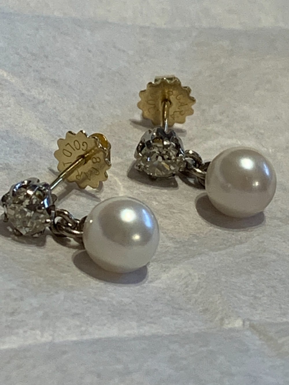 Antique Old Cut Diamond and Pearl 18ct Gold Earrings View II
