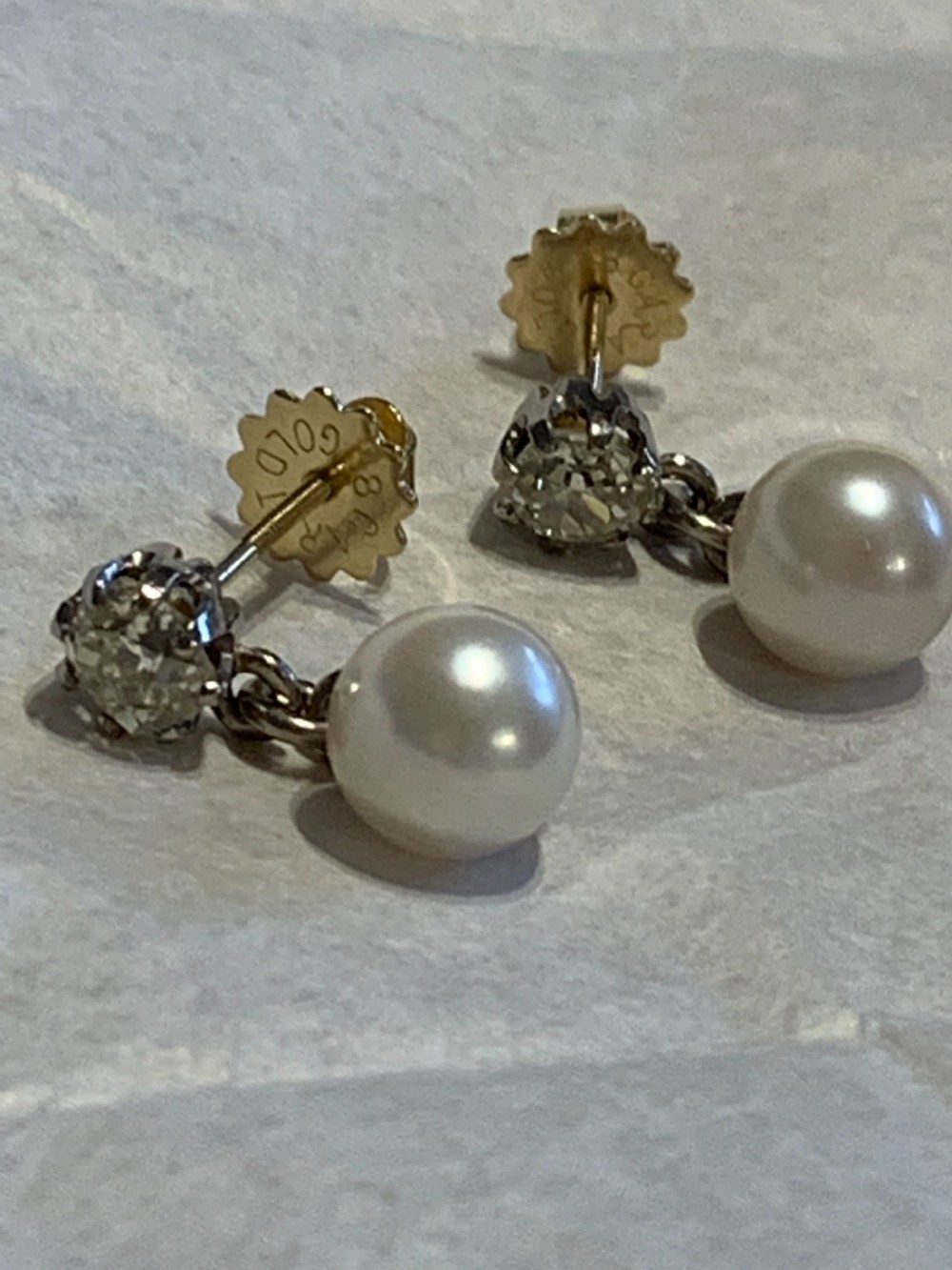 Edwardian 18ct Gold Old Cut Diamond and Pearl Earrings