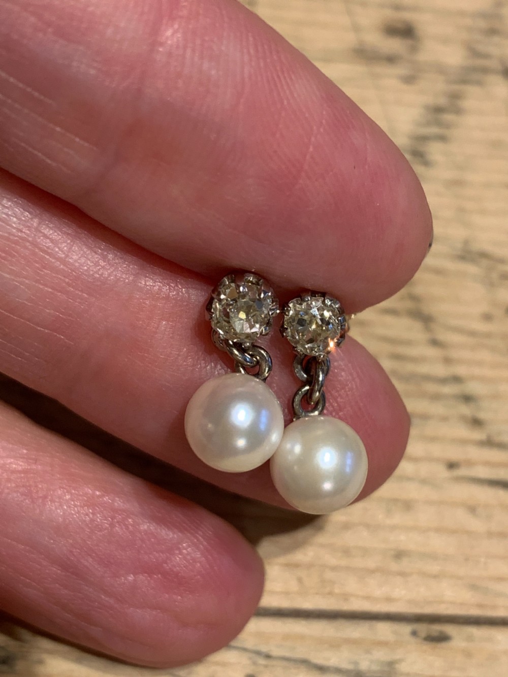 Edwardian 18ct Gold Old Cut Diamond and Pearl Earrings View II