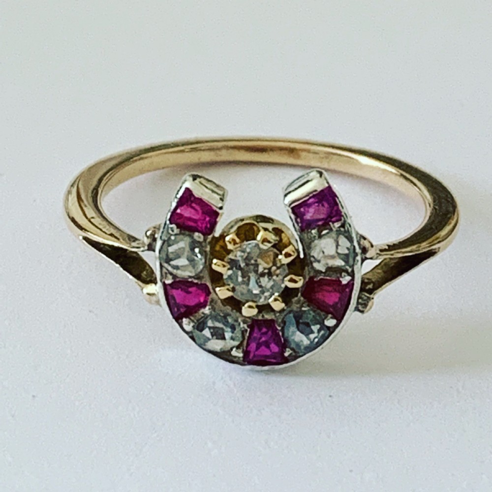 Antique Ruby and Diamond Victorian Horseshoe Ring 18k