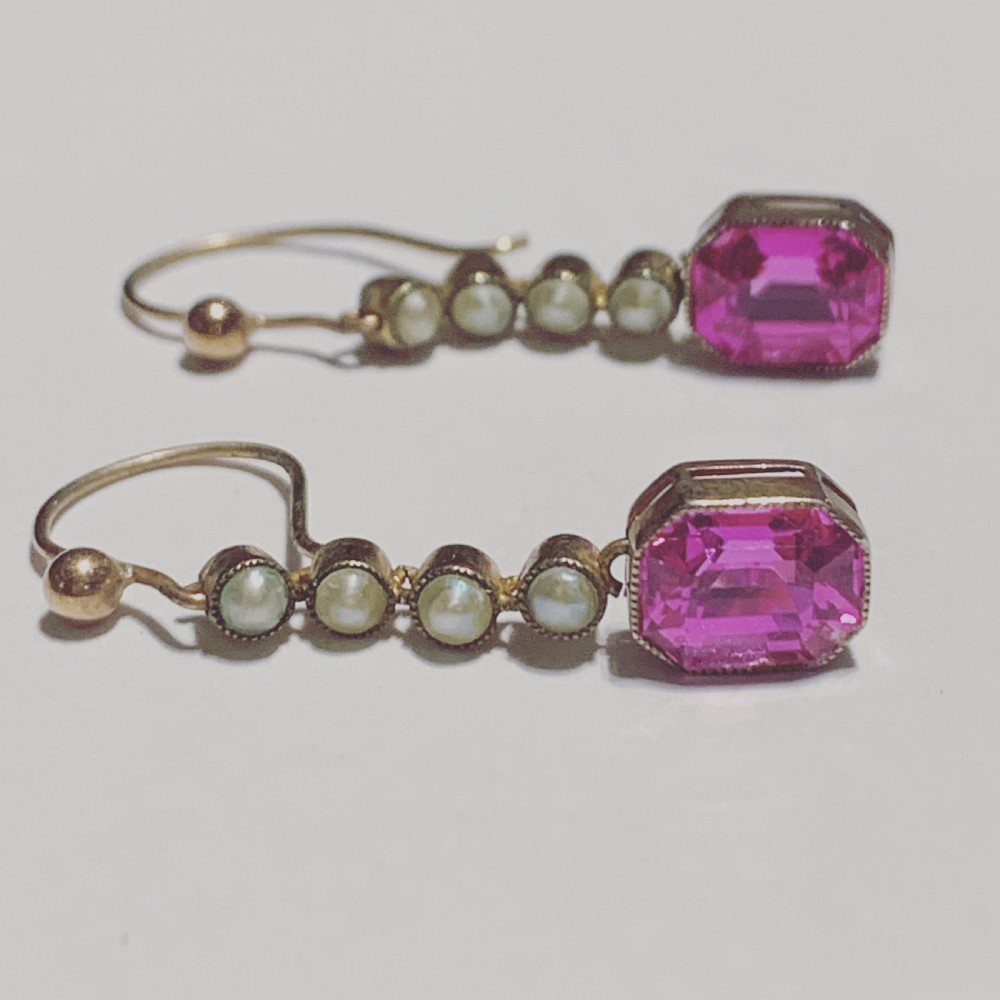 Edwardian Synthetic Ruby and Pearl 15ct Earrings