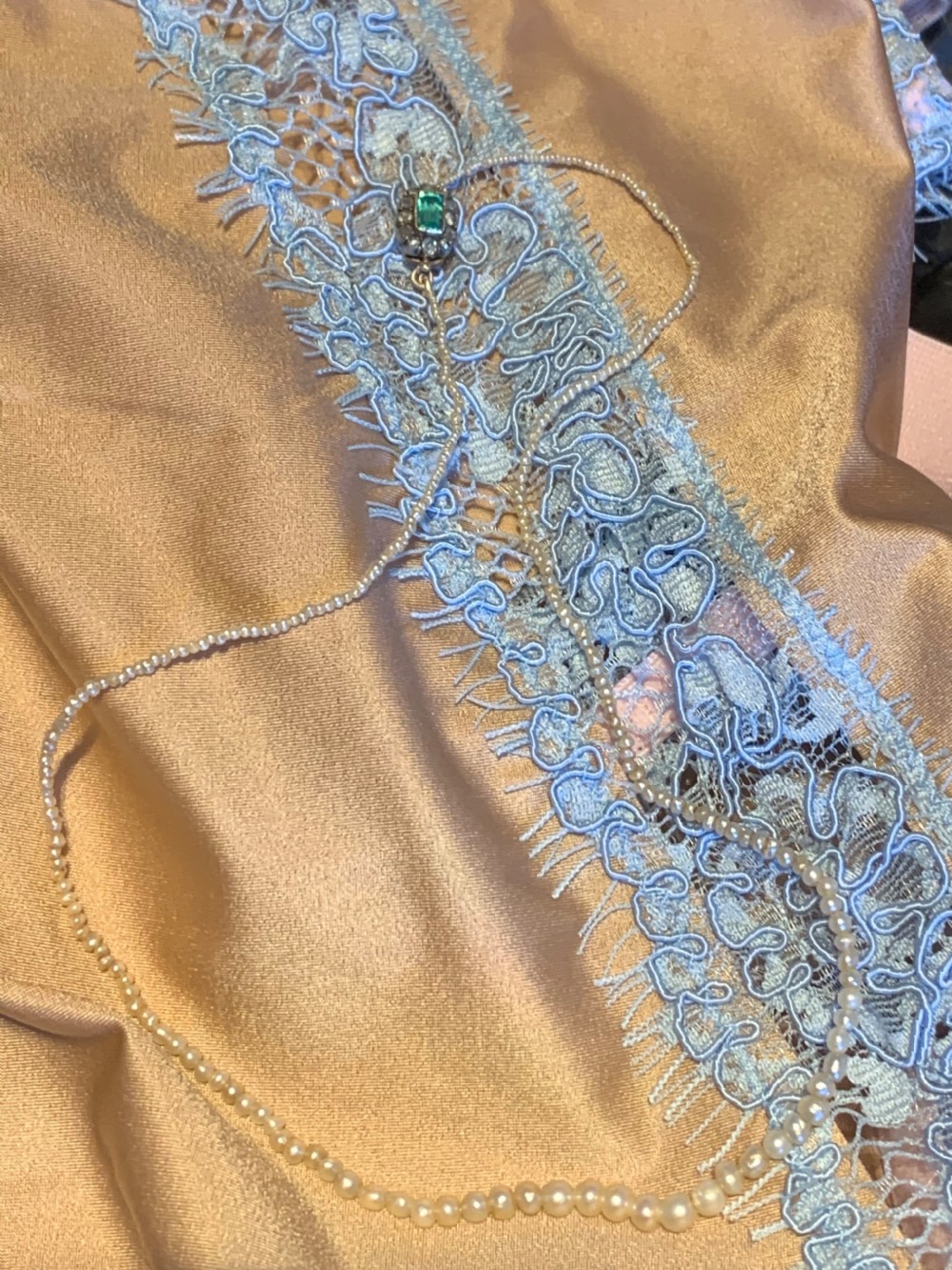 Georgian Natural Pearl and Emerald Necklace View II